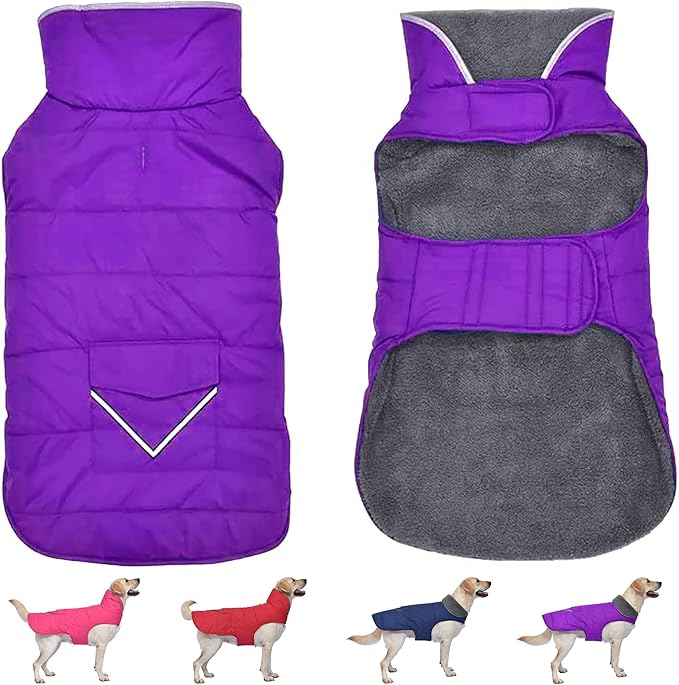 Dog Coat, Waterproof Dog Winter Jacket with Pocket, Reflective Adjustable Pet Snow Vest, Warm Cozy Fleece Sweater for Small Medium Extra Large Dogs - Purple, XL