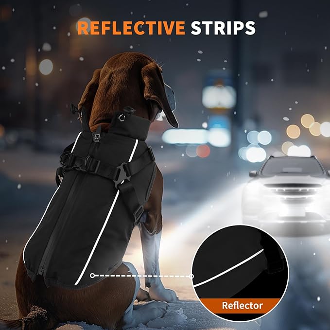 Dog Winter Coat Reflective Water-Resistant Jacket, Fleece Lined Windproof Puppy Coat with Back Zipper & D-Ring, Cold Weather Dog Coats for Small Medium Large Dogs (S, Black)