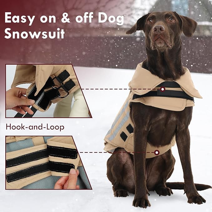 Winter Dog Coat Waterproof Reflective Dog Jacket for Extra Large Dogs with Harness Hook & Loop Turtleneck Fleece Snowsiut for Dogs Great Dane, Khaki 5XL