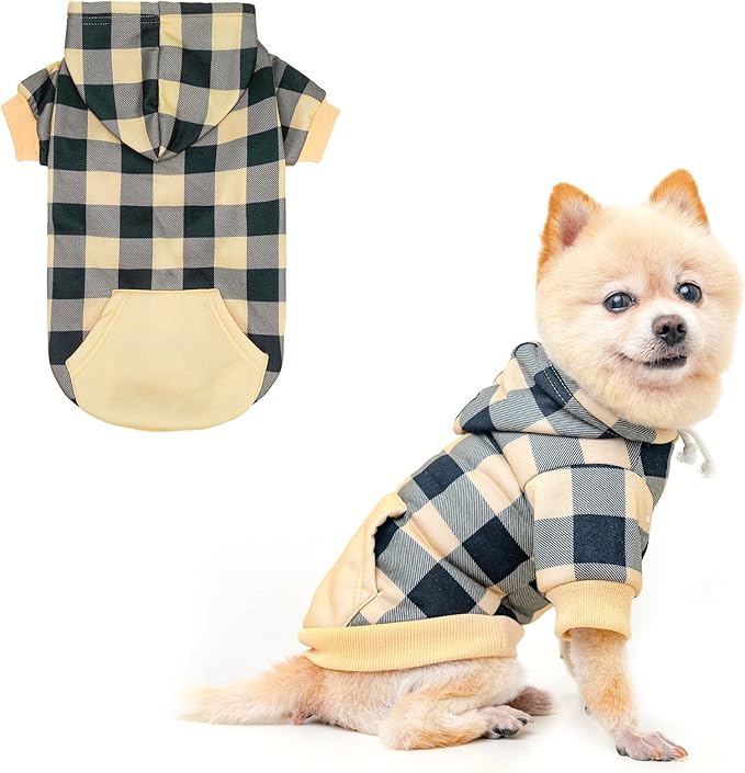 KOOLTAIL Plaid Dog Hoodie Pet Clothes Sweater with Hat and Pocket for Small Medium Large Size Dogs, Soft Winter Warm Dog Cold Weather Coat, Fleece Fall Dog Hooded Sweatshirt for Puppy Cats, Beige SM