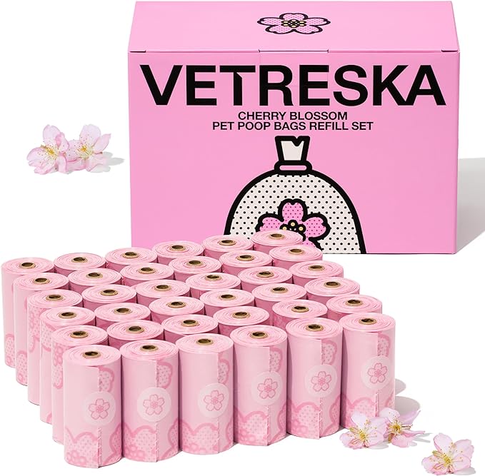 VETRESKA Cherry Blossom Scented Dog Poop Bags, Leak Proof, Extra Thick and Large Pet Waste Bags for Dogs Walking and Cat Litter, 36 Refill Rolls, 540 Poop Bags, Pink
