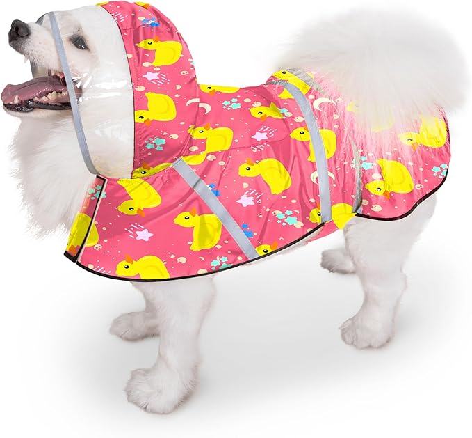 Dog Raincoat, Adjustable Rain Jacket with Hooded Double Layer for Large Medium Small Dogs Puppies, Lightweight Waterproof Rain Coat Poncho with Reflective Stripe Duck Pink,XXL