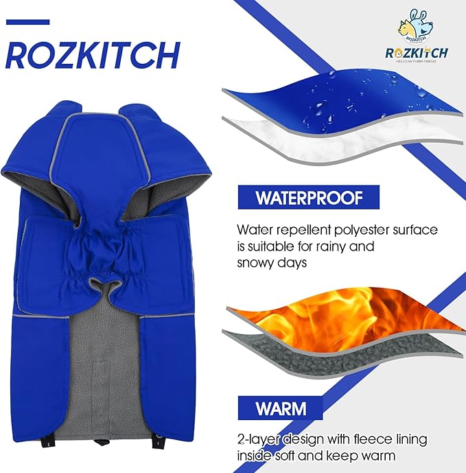 ROZKITCH Great Dane Clothes, Waterproof Dog Rain Jacket with Fleece Liner and Leash Hole Reflective Strip for Extra Large Dog, Windproof Adjustable Poncho Vest for Outdoor Hiking Travel Blue 3XL