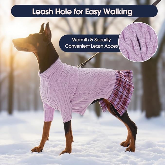 IECOii Girl Dog Sweater Dress - Cable Knit Dog Sweater for Medium Dogs Girl, Purple,Large - Turtleneck Winter Sweaters with Leash Hole, Soft & Stretchy Adorable Dress for Thanksgiving Christmas Photo