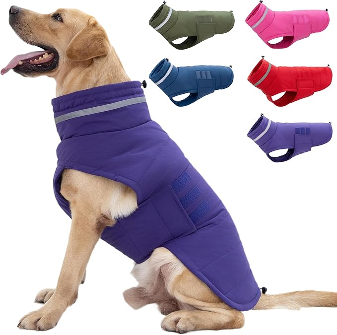 Dog Coat, Waterproof Winter Jacket, Warm Windproof Vest, Reflective Adjustable Turtleneck Coats for Medium and Large Dogs with Hook & Loop - Purple - L