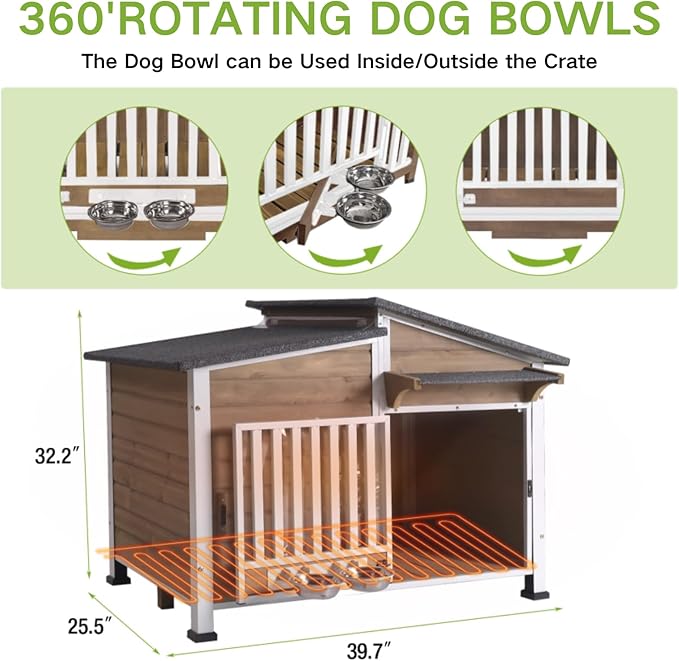 Heated Dog House Outdoor, Insulated Dog Kennel with Heating Pad for Winter, Weatherproof Dog Shelter with Anti-Chewing Metal Frame and Bowls for Small Medium Large Dogs (Light Brown