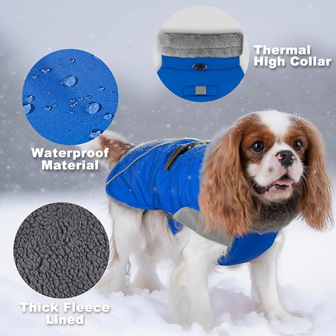KYEESE Waterproof Dog Coat, Windproof Pet Jacket with Thick Fleece Lining, Extra Warm High Collar Dog Coats for Medium to Large Dogs with Leash Hole and Reflective Strips, Blue, XX-Large
