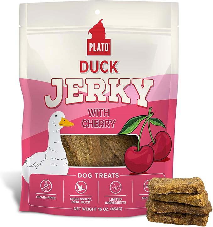 PLATO Pet Treats - Air-Dried Jerky - Delicious, Real Meat Dog Treats - Grain Free - Supports Healthy Digestion - Duck with Cherry 16oz