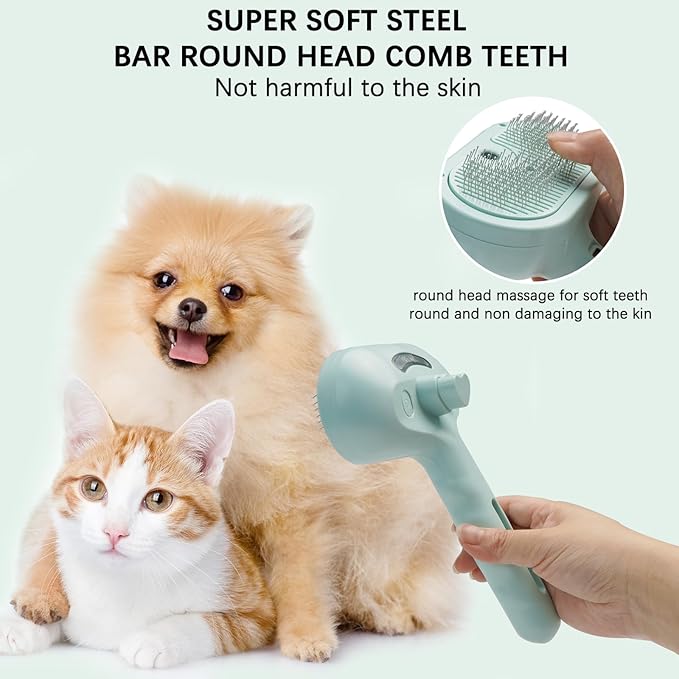 Pet Steam Brush for Cat & Dog – 4-in-1 De-Shedding, Steam Spray, and Self-Cleaning Grooming Tool – Ideal for Long and Short-Haired Pets– Includes 2 Bottles of 120 mL Waterless Shampoo(Green)