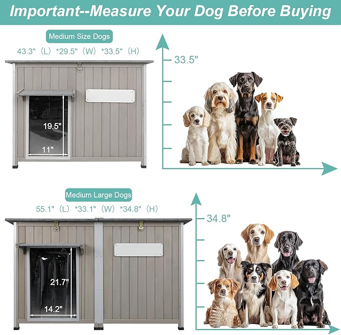 Large Outdoor Dog House Waterproof for Small to Large Dogs, Outdoor Indoor Doghouse Kennel Shelter Weatherproof with Anti-Chewing Iron Frame, Wndow, Open Roof, Removable Floors(43" L*29.5" W*33.5" H)