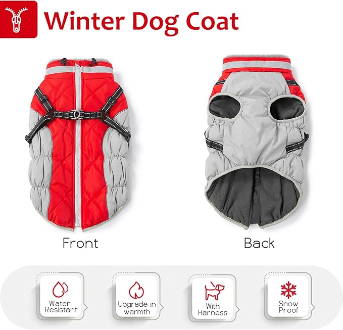 Dog Winter Coat with Harness, Dog Jacket, Pet Clothes with Zipper on Back, Waterproof Windproof Warm Vest, Reflective Cold Weather Coats, for Small Medium Large Dogs, Thick, Red, L