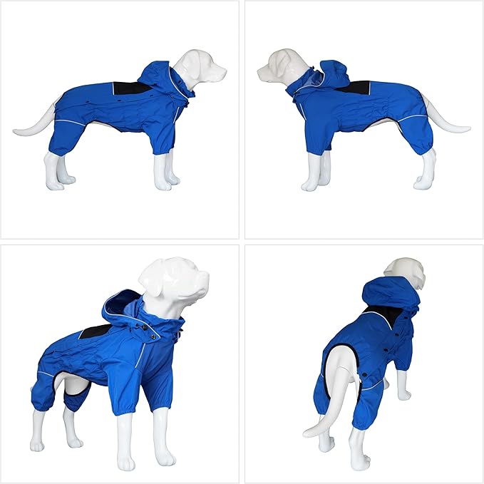 LOVELONGLONG Waterproof Dog Raincoat with Removable Hood – Outdoor Full Body Dog Jacket, Windproof Snowproof Shell Suit – All Season Pet Rain Gear Blue S
