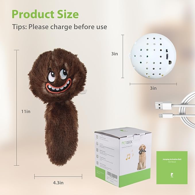PETGEEK Interactive Dog Ball, Vibrating Dog Ball for with Music and Recording, Enrichment Toys for Dogs to Keep Them Busy, USB-C Rechargeable Squeaky Toys Small/Medium/Large Dogs(Brown)