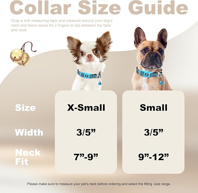 Reflective Dog Collar with Bell - Hypoallergenic Adjustable Nylon Puppy Collar for Night Safety, Soft Comfort Fit Small Dogs & Cats, Blue X-Small