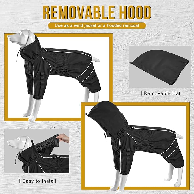 OneTigris Dog Raincoat with Hood for Medium Large Dogs, Waterproof & Reflective, 4 Legs Dog Rain Jacket Adjustable Puppy Poncho for The Rain and Snow (Black, X-Large)