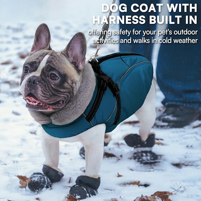 Queenmore Dog Jackets for Large Dogs, Dog Coat with Harness Built in,Waterproof Dogs Coats with Zipper On Back,Warm Fleece Lining Cold Weather Pet Coats with Furry Collar for Labrador,Blue,L