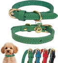 Guiding Star Leather Collar for Puppy, Cute Soft Thin Dogs Collars for Small Medium Dogs, Cat Collar with Bell (Green, XXS, 6.2"-10")