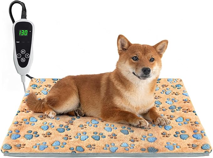 Dog Heating Pad 28×18 in Waterproof PVC Pet Heating Pad, Adjustable Thermostat+Constant On Function, Metal Protective Tube Comes with a Plush Cotton Sleeve，Whelping Box-Apricot