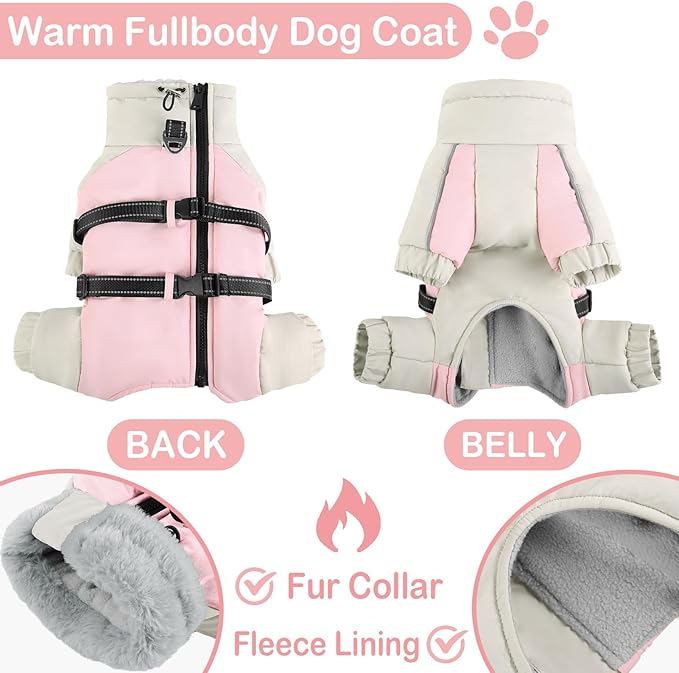 KOESON Four Legged Winter Coat, Warm Dog Jacket with Adjustable Buckles, Turtleneck Windproof Fleece Jackets, Reflective Fullbody Snowsuit Puffer Coat Pink Grey XL