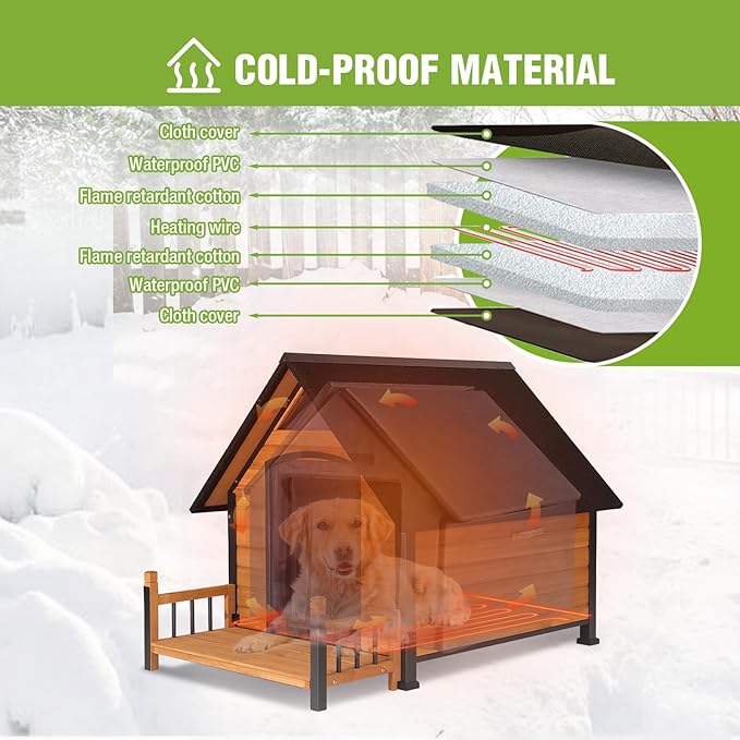 GUTINNEEN Large Heated Dog House Outdoor Insulated Weatherproof Dog Kennel with Heated Pad, Insulated All-Round Thermal Liner, Chew-Proof Strong Iron Frame Dog House for Dogs (Winter-Ready)