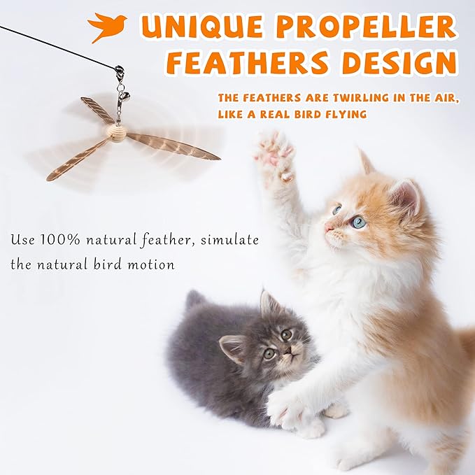 JXFUKAL Cat Wand Toys, Interactive Cat Toys with 3 Feather Refills, 29'' Flexible Steel Wire, Sturdy Wood Handle & Bell for Kitty Kitten, Cat Toys for Indoor Cats Teaser Cat String Toy