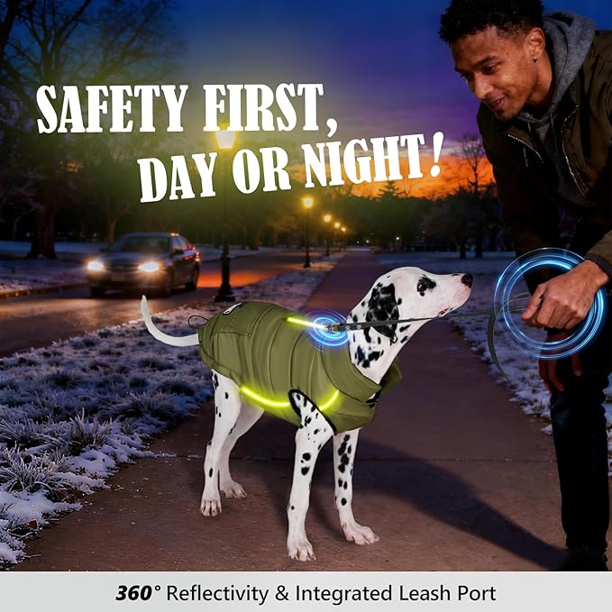 Dog Winter Jacket Waterproof, Reflective Fleece Lined Dog Coats for Small Medium Large Dogs, Warm Snow Coat for Dogs, Insulated Cold Weather Dogs Puffer Jackets with Leash Hole, Olive, 2XL