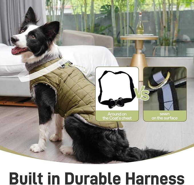 Warm Fleece Dog Coats with Durable Harness Buitl in D-Ring,Waterproof Puppy Jacket for Small Dogs,Dog Vest for Cold Winter,Green M