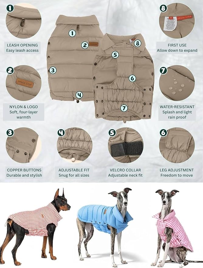 SPACE LION Dog Puffer Jacket, Down Winter Coat, Durable Outdoor Coat for Cold and Windy Conditions, Waterproof, Lightweight Jacket, Adjustable Fit for Small, Medium, Large Dogs(Khaki,8/XS)
