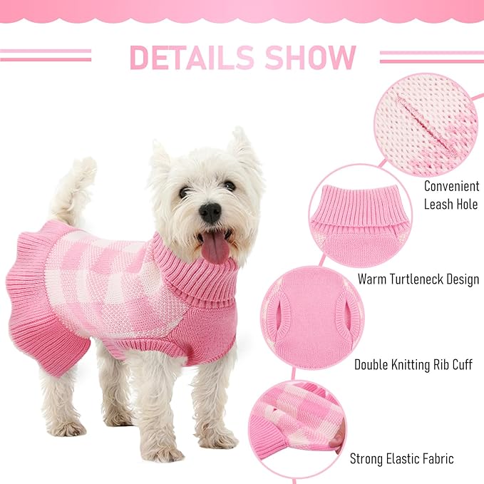 Dog Sweater Dress Plaid Knitwear for Small Medium Dogs Warm Puppy Pet Turtleneck Stretch Pullover Cute Fall Winter Vest Clothes with Leash Hole for Christmas (Pink, L)
