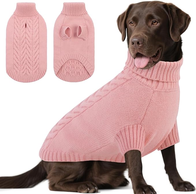 Dog Sweaters for Large Dogs Classic Turtleneck Dog Christmas Sweater Thick Warm Pullover Female Puppy Pet Stretch Knitwear Fall Winter Clothes with Leash Hole(Pink, 2XL)