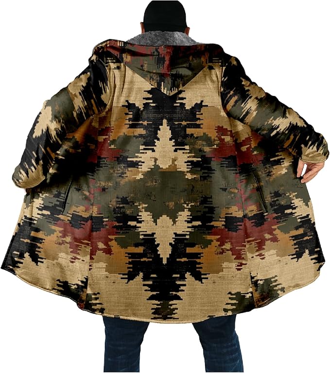 Mens Aztec Print Hoodie Heavyweight Cotton Fleece Jacket Zip Up Warm Long Sleeve Hooded Winter Midi Coat