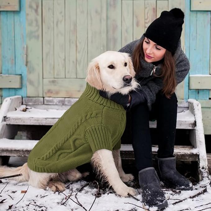 Queenmore Small Dog Pullover Sweater, Cold Weather Cable Knitwear, Classic Turtleneck Thick Warm Clothes for Chihuahua, Bulldog, Dachshund, Pugl,OliveGreen,XS