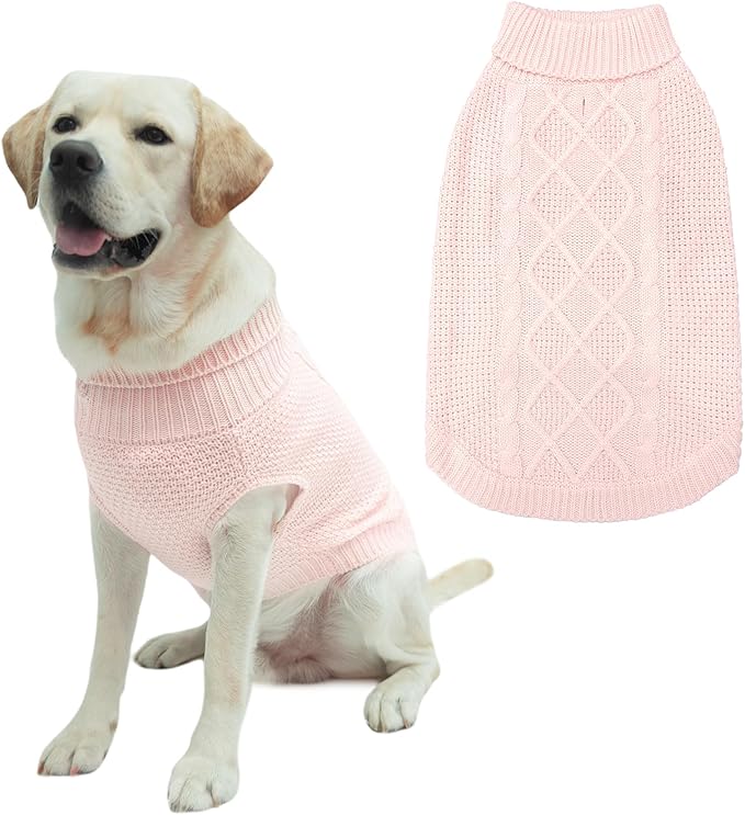 Mihachi Turtleneck Dog Sweater - Winter Coat Apparel Classic Cable Knit Clothes with Leash Hole for Cold Weather, Ideal Gift for Pet in New Year Rosy Large