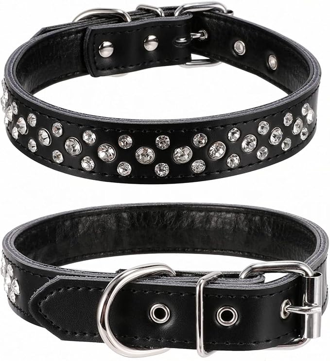 Rhinestones Dog Collar, Adjustable Sparkly Crystal Studded Genuine Leather Pet Dog Collar for Small and Medium Dogs (M, Black)