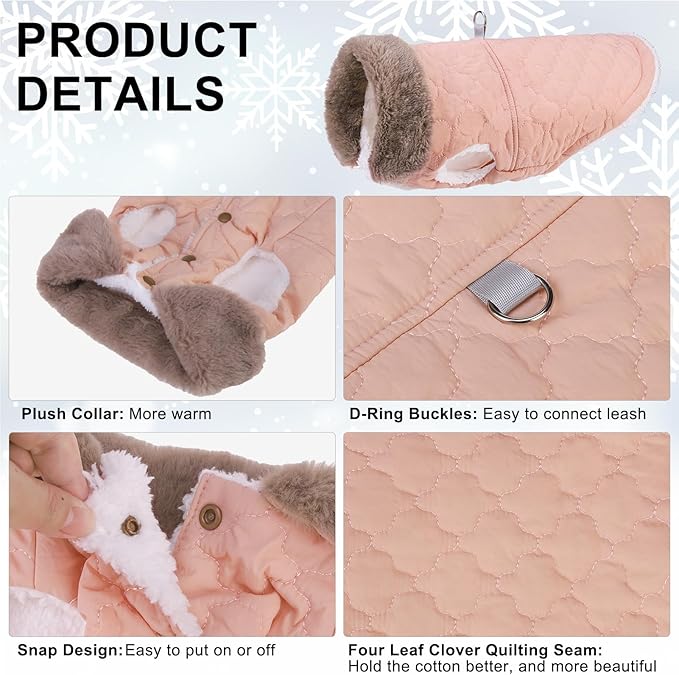 BEAUTYZOO Winter Dog Coat with Harness Built in, Warm Dog Puffer Jacket Vest Padded Fleece Cold Weather Coats Windproof Waterproof Snow Jackets Clothes for Small Medium Puppy, Pink XS