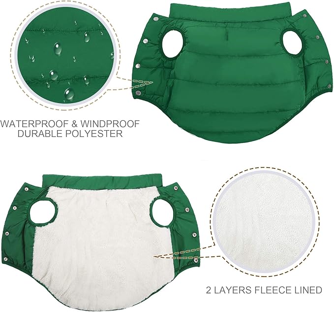 ASENKU Dog Winter Coat - Waterproof Windproof Dog Jacket, Warm Snowproof Doggie Puffer Vest for Cold Weather, Lightweight Snow Coats for Small Medium Large Dogs (2XL, Green)