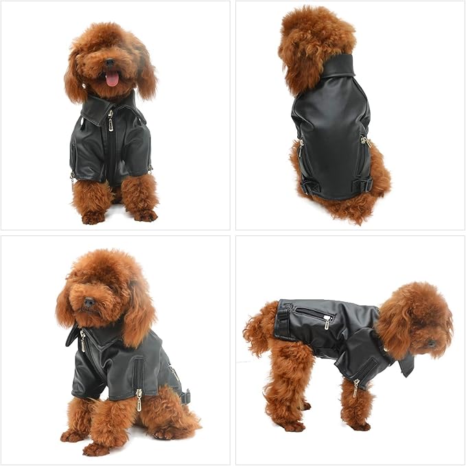 Lovelonglong Cool Dog Leather Jacket, Warm Coats Dogs Windproof Cold Weather Coats for Large Medium Small Dogs, Husky Clothing Black L-M
