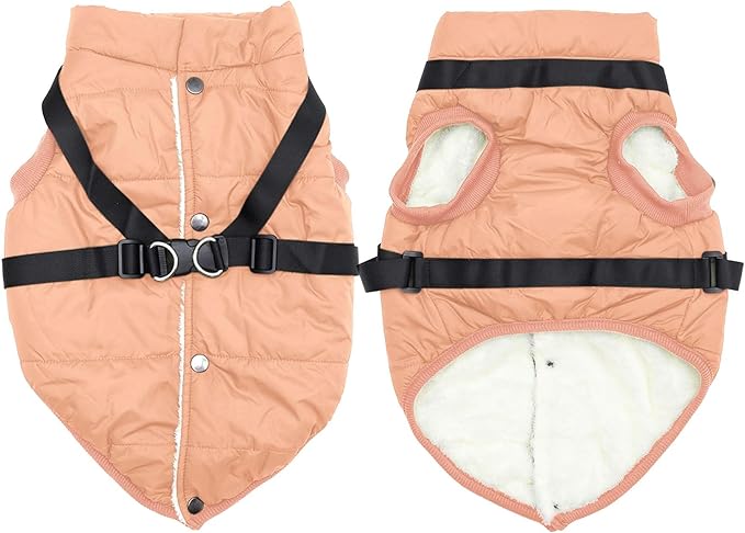Dog Jacket with Harness,Fleece Lined Warm Puppy Coat for Winter,Soft Windproof Small Dog Vest,LightOrange XS