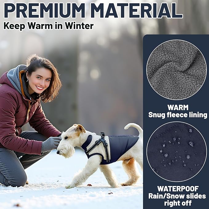Dog Winter Coat for Small & Medium Dogs (Up to 31lb), Waterproof Dog Coat with Harness, Puppies Windproof Puppy Puffer Jacket, Snowsuit for Dachshund,Frenchie, Corgi (Classic Blue, XLarge)