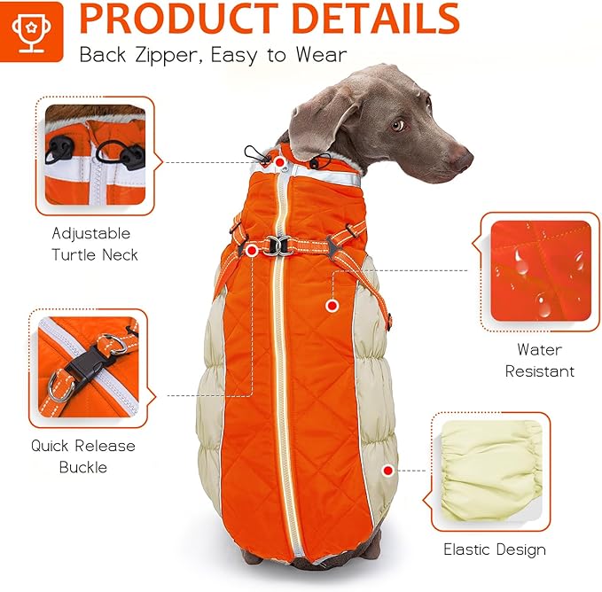 Dog Winter Coat with Harness, Dog Jacket, Pet Clothes with Zipper on Back, Waterproof Windproof Warm Vest, Reflective Cold Weather Coats, for Small Medium Large Dogs, Thick, Orange, 2XL