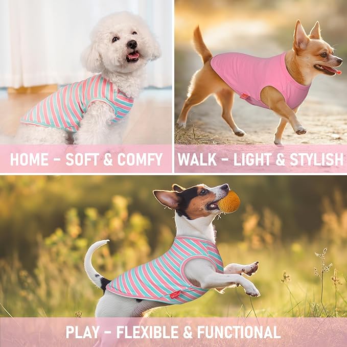 KYEESE 2Pack Dog Shirts Small Tee Soft for Small Dogs Striped T Shirt Lightweight Sleeveless Vest Cotton Tank Top Clothes, Large,Pink+Striped