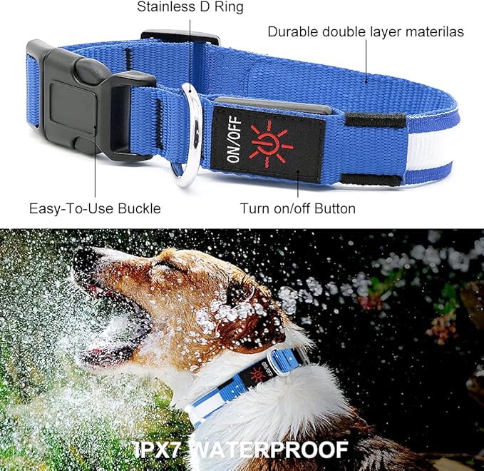 YFbrite Ultra Light Adjustable LED Dog Collar, Light up Dog Collars Rechargeable Glowing in The Dark Collars Visiblity & Safety for Small, Medium, Large Dogs (Blue, Medium)