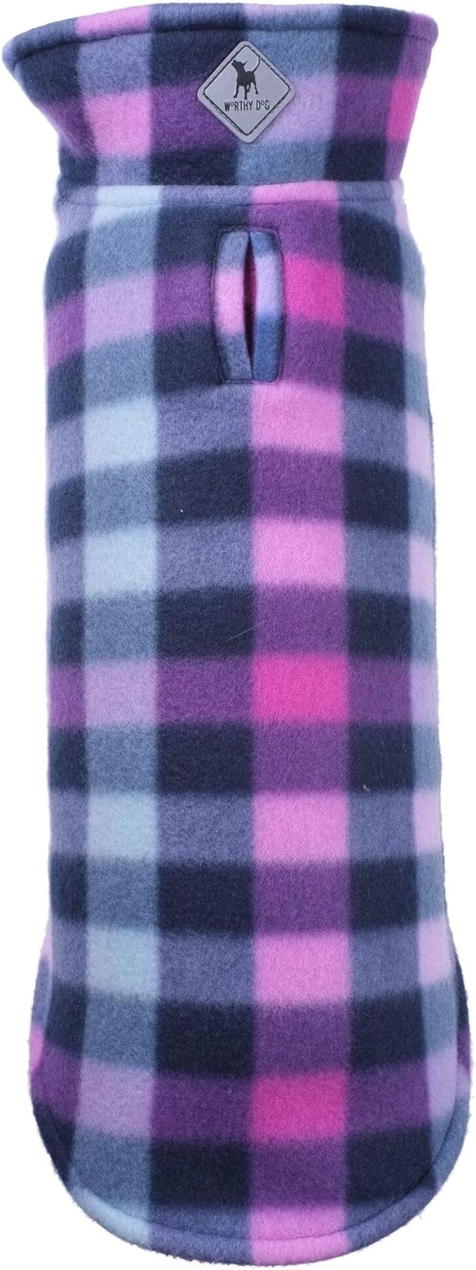 The Worthy Dog Fargo Fleece Check Dog Jacket, Adjustable Reversible with Harness Hole, Wind-Resistant, Winter Outdoor Clothes for Pets, Purple - 24''