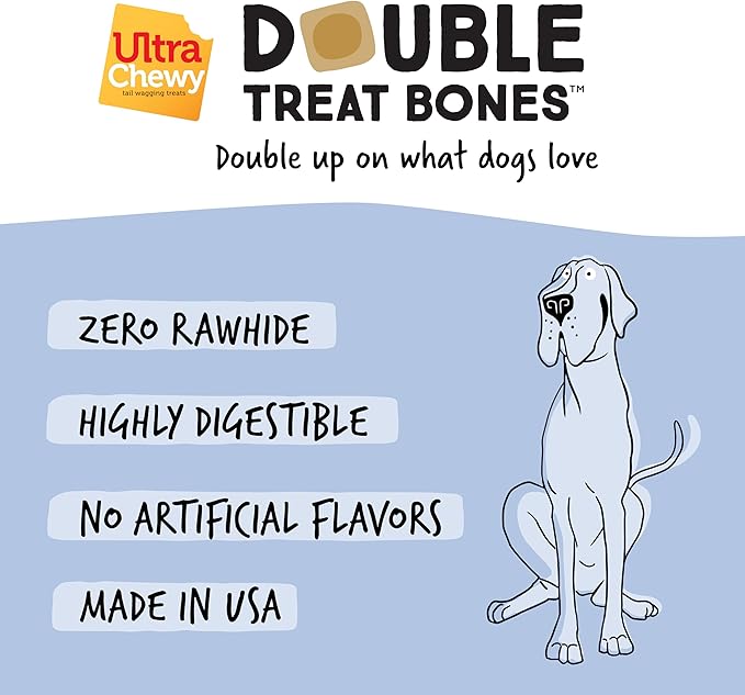 Ultra Chewy Yogurt with Blueberry Double Treat Bones: Long-Lasting Dog Treats Made in USA for Large and Small Breeds, Highly Digestible (24 Count)