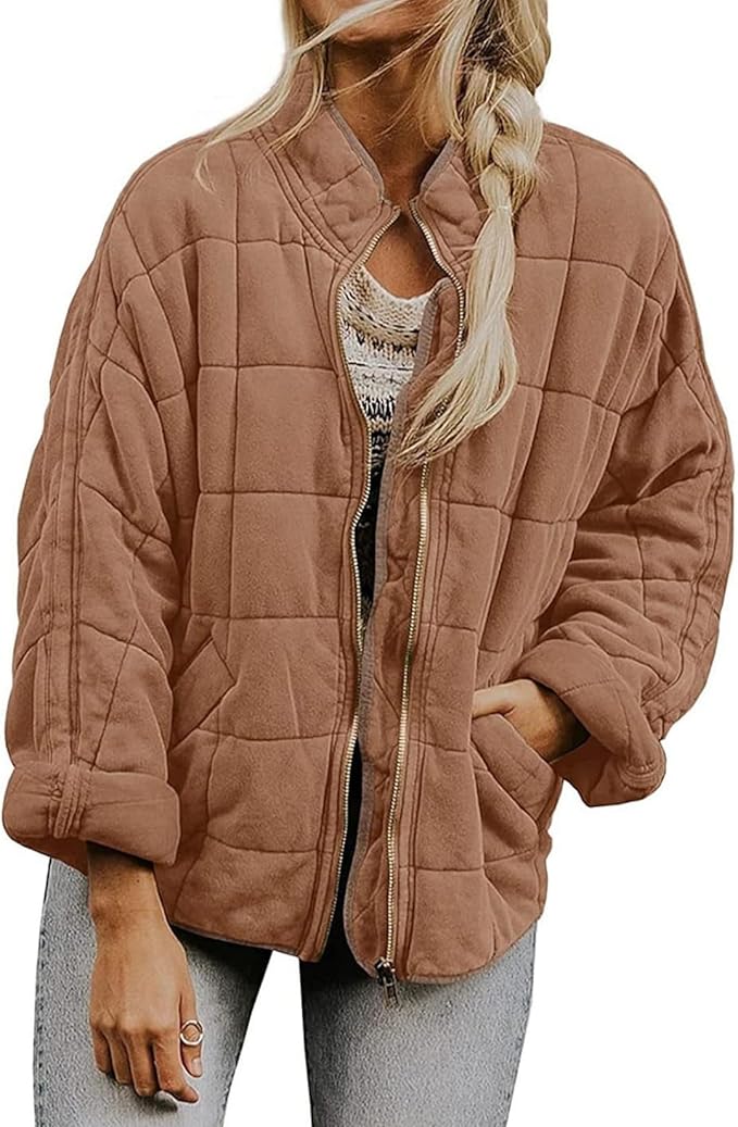 LIZALIG Warm Padded Coat for Women Full Zip Quilted Jackets Winter Oversized Causal Solid Color Stand Collar Pockets Coat