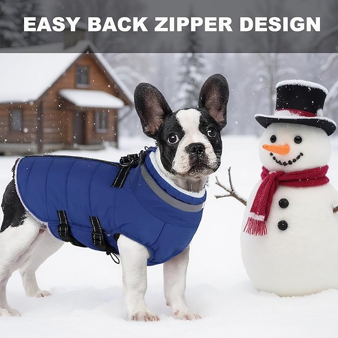 Dog Coat with Harness Built-in, Waterproof Reflective Fleece Lined - Warm Windproof Winter Jacket with Back Zipper, Cold Weather Snow Dog Coats - Blue - L