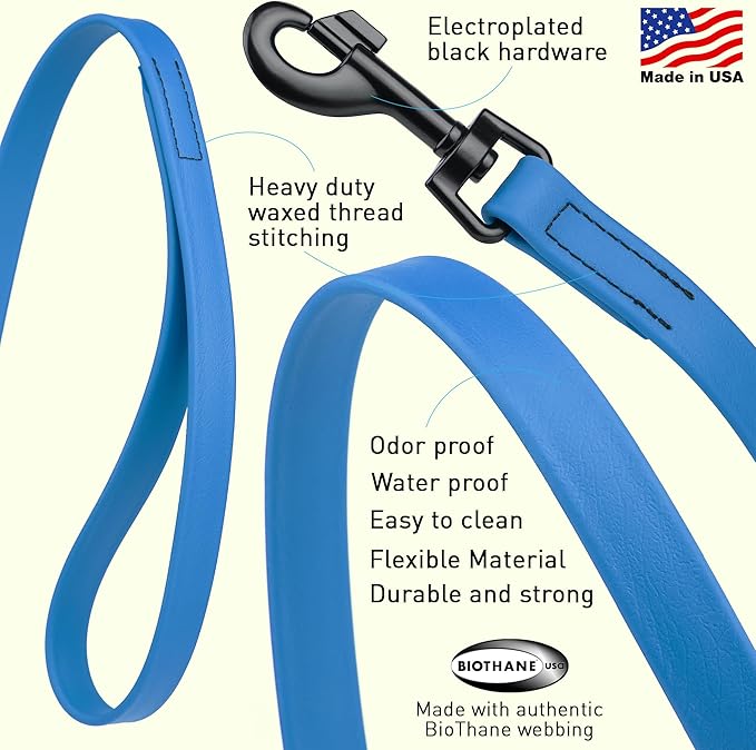 Dogline Biothane Waterproof 6ft Dog Leash Strong Coated Nylon Webbing with Black Hardware Odor-Proof Easy to Clean High Performance for Small or Large Dogs Made in USA 6ft Lead, Cerulean Blue