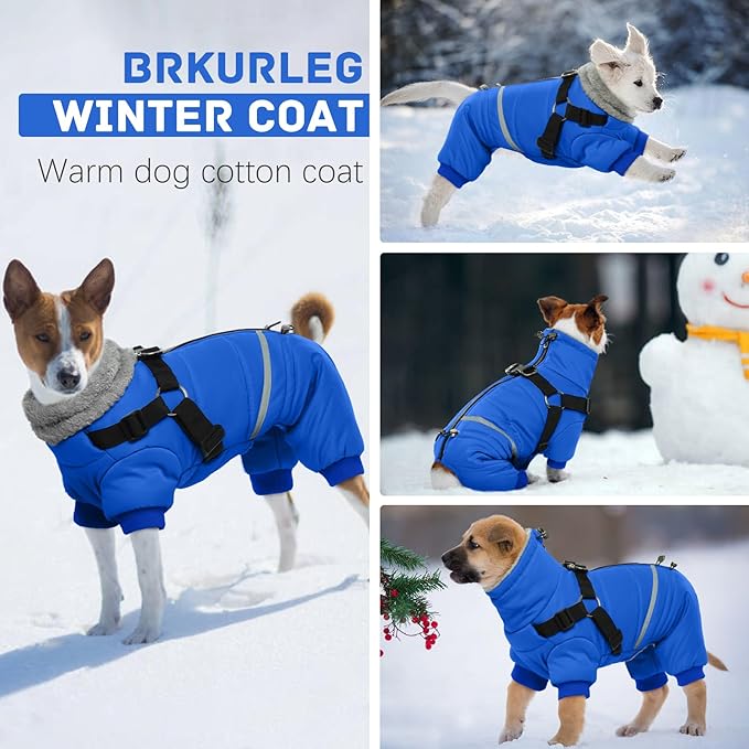 BRKURLEG Blue Dog Winter Coat, Cozy Winter Dog Jackets, Small Dogs Coat with Harness, Onesie Body Warm Puppy Christmas Jacket, Pet Reflective Cold Weather Jackets, Puppy Four-Legged Puffer Coats,L