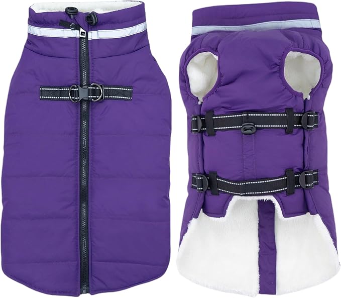 Large Dog Coat with Harness Built-in, Waterproof Reflective Fleece Lined - Warm Windproof Winter Jacket with Back Zipper, Cold Weather Snow Dog Coats - Purple - 3XL
