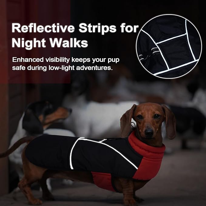 Lelepet Dachshund Coat Warm Dog Winter Coat Waterproof Dog Jacket with Fleece Lining, Reflective Outdoor Dachshund Snowsuit with Leash Hole Adjustable Neckline,Coats for Small Medium Dogs,Red, XS